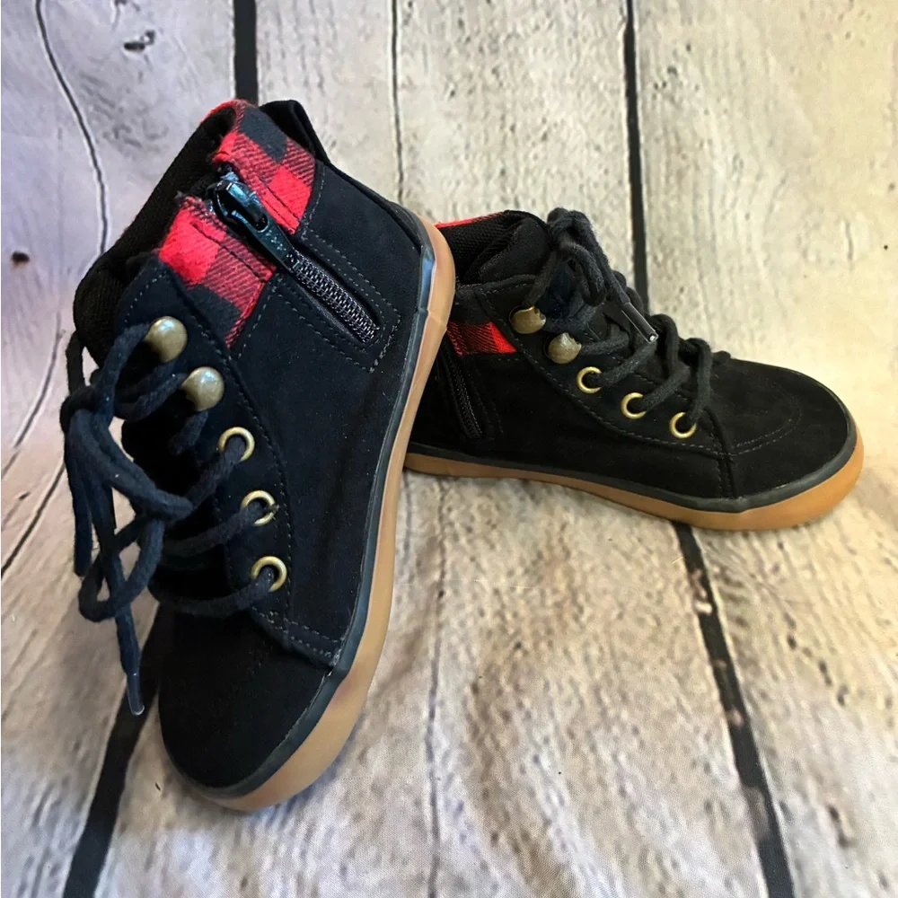 Baby GAP Toddler Buffalo Plaid Hi-Top Zip Up Sneakers Shoes Size 8 Black Red GUC
